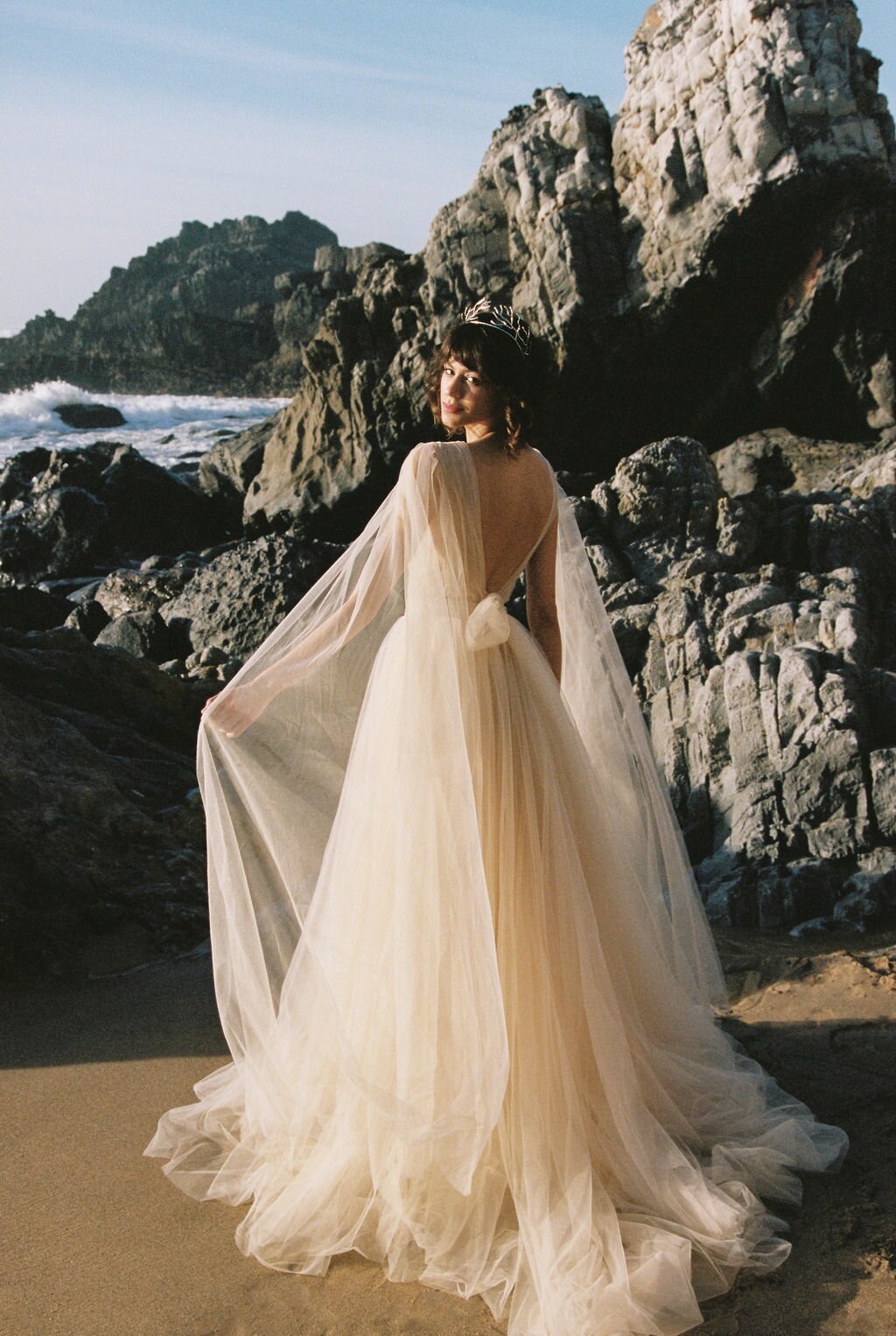 beach wedding dresses champagne Light Champagne Tulle Lace Long Beach Wedding Dress Bridal Dresses US 8 / Light Champagne