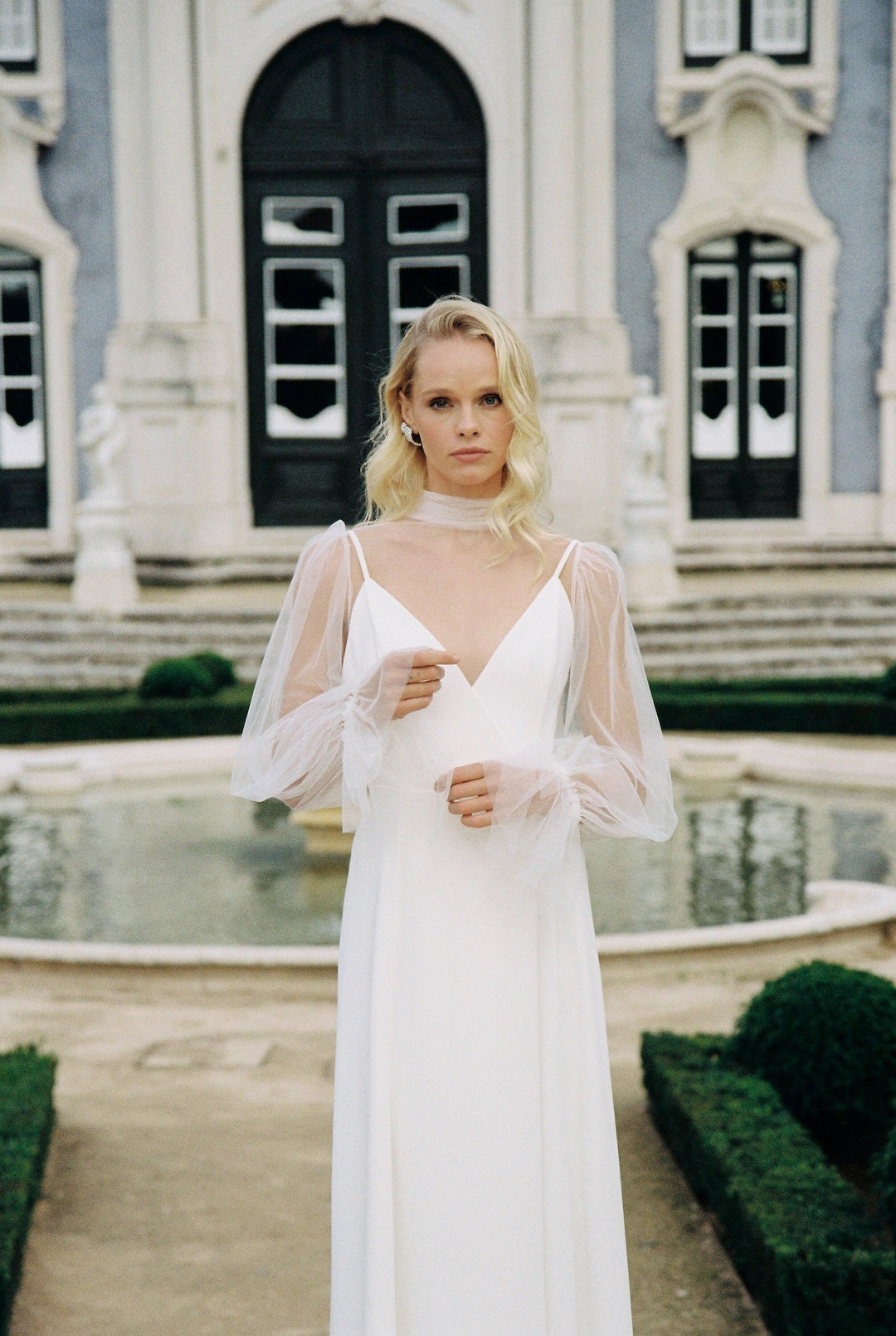 Mesh Wedding Top, Transparent Bridal Bodysuit, Long Puff Sleeves