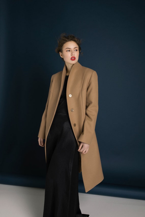 stand collar camel coat