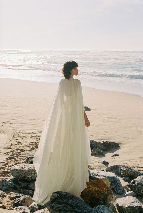 Chiffon Bridal Cape, Long Wedding Cover Up, Sheer Wedding Shawl