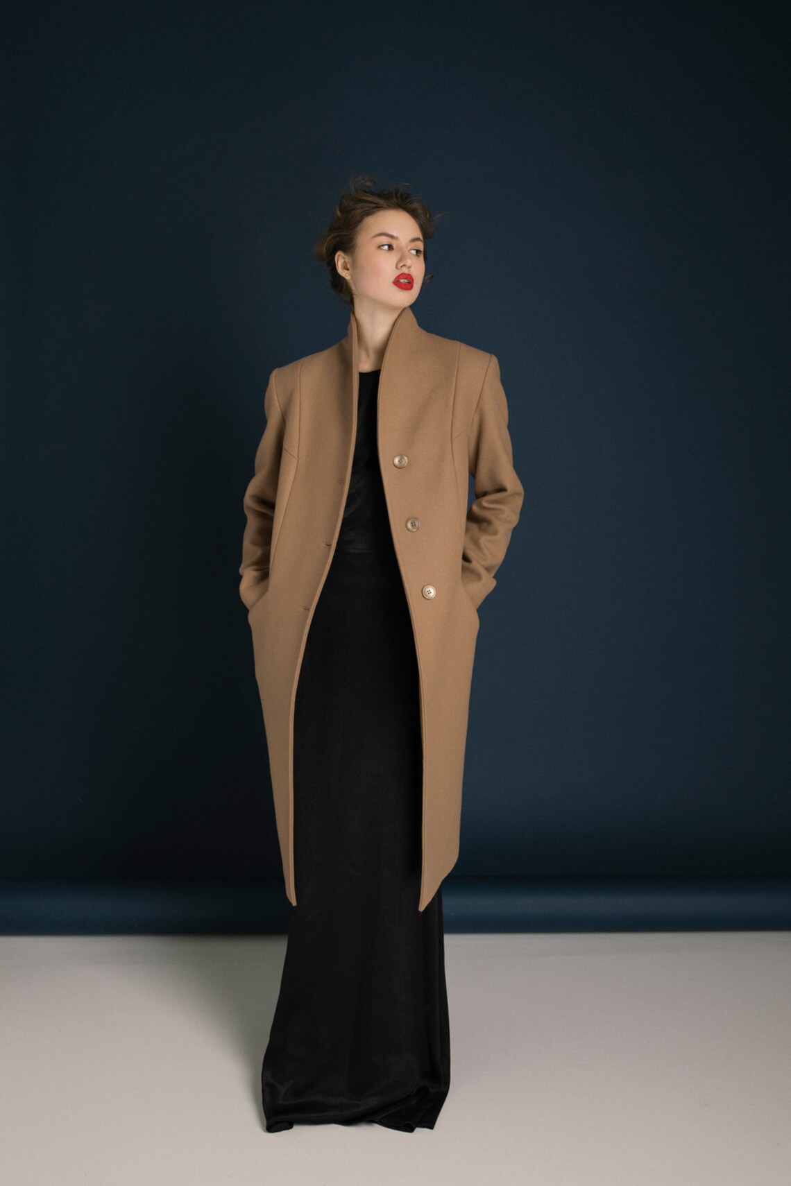 Short Camel Coat / Beige Woman Coat With Stand Collar // ARIEL Etsy