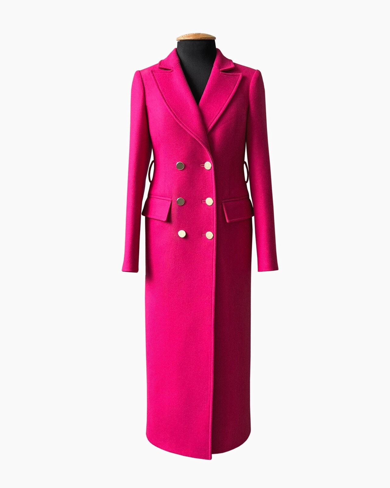 Wool Bright Pink Coat / Autumn Wool Tapered Coat / Long