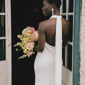 Silk V-neck bridal gown, Halterneck tie back dress, Open back ivory wedding dress, Timeless bridal crepe simple dress // Emma