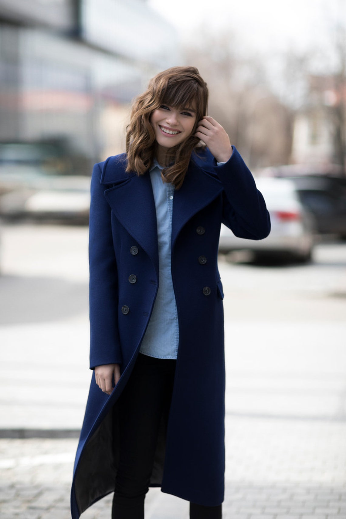 Navy Blue Coat / Autumn Wool Coat With Notch Collar // ROSARIA | Etsy