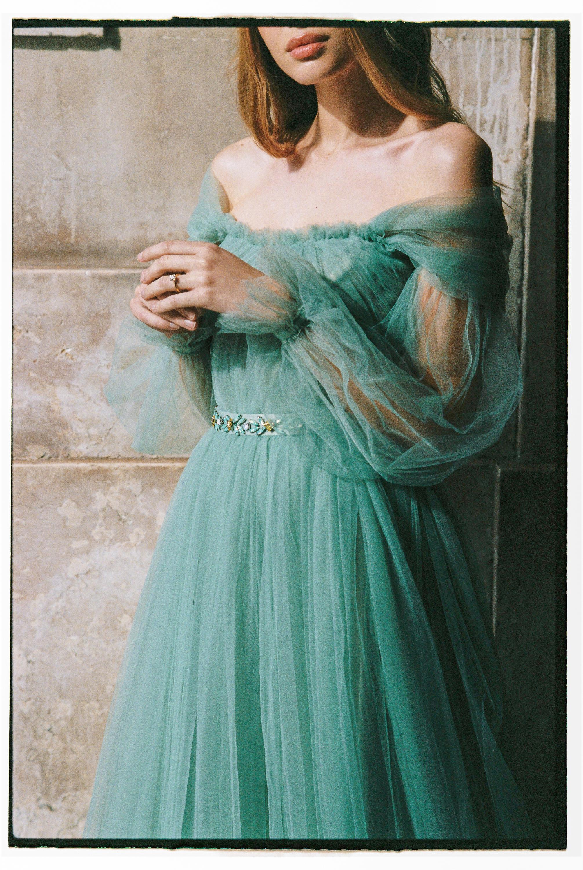 chinese dress ladies Green Gemstone Off-Shoulder Gown– Teuta Matoshi main image 1