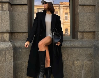 Black Oversized Coat / Power Shoulder Wool Coat / Maxi