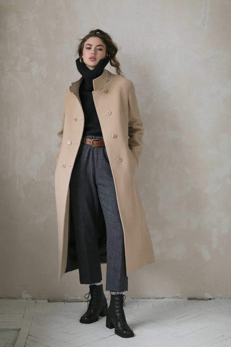 Camel Wool Coat With Stand Collar/beige Cashmere Coat/ Autumn - Etsy