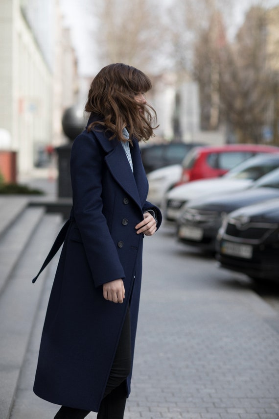 Navy Blue Wool Coat Autumn Wool Coat Fall Lined Coat Belted Wool Coat Winter Overcoat with Notch Collar Long Wool Coat Rosaria