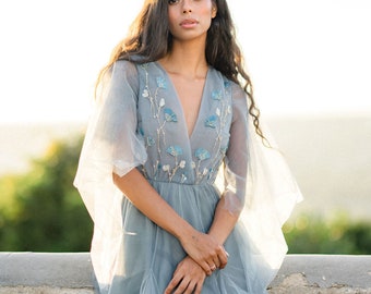 Ethereal Pale Blue Wedding Dress: Tulle Sleeves Floral bridal gown