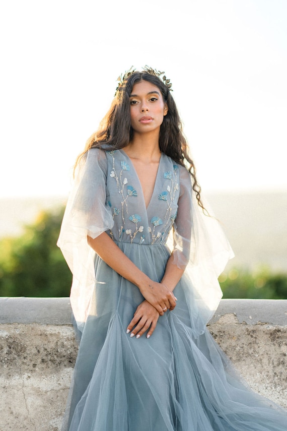 Ethereal Pale Blue Wedding Dress: Tulle Sleeves Floral Bridal Gown - Etsy  Norway