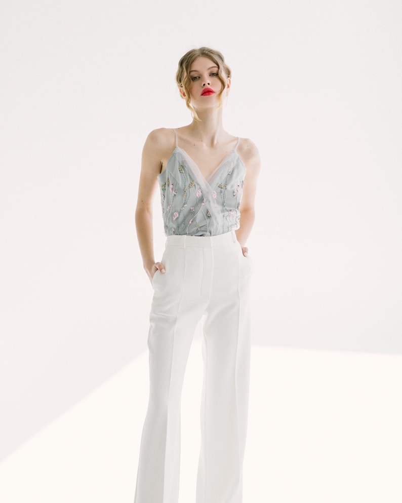 Silk bridal suit / Silk embroidered bridal suit/ Top and pants wedding suit / Simple bridal suit / Ivory wedding suit // LEEN image 1