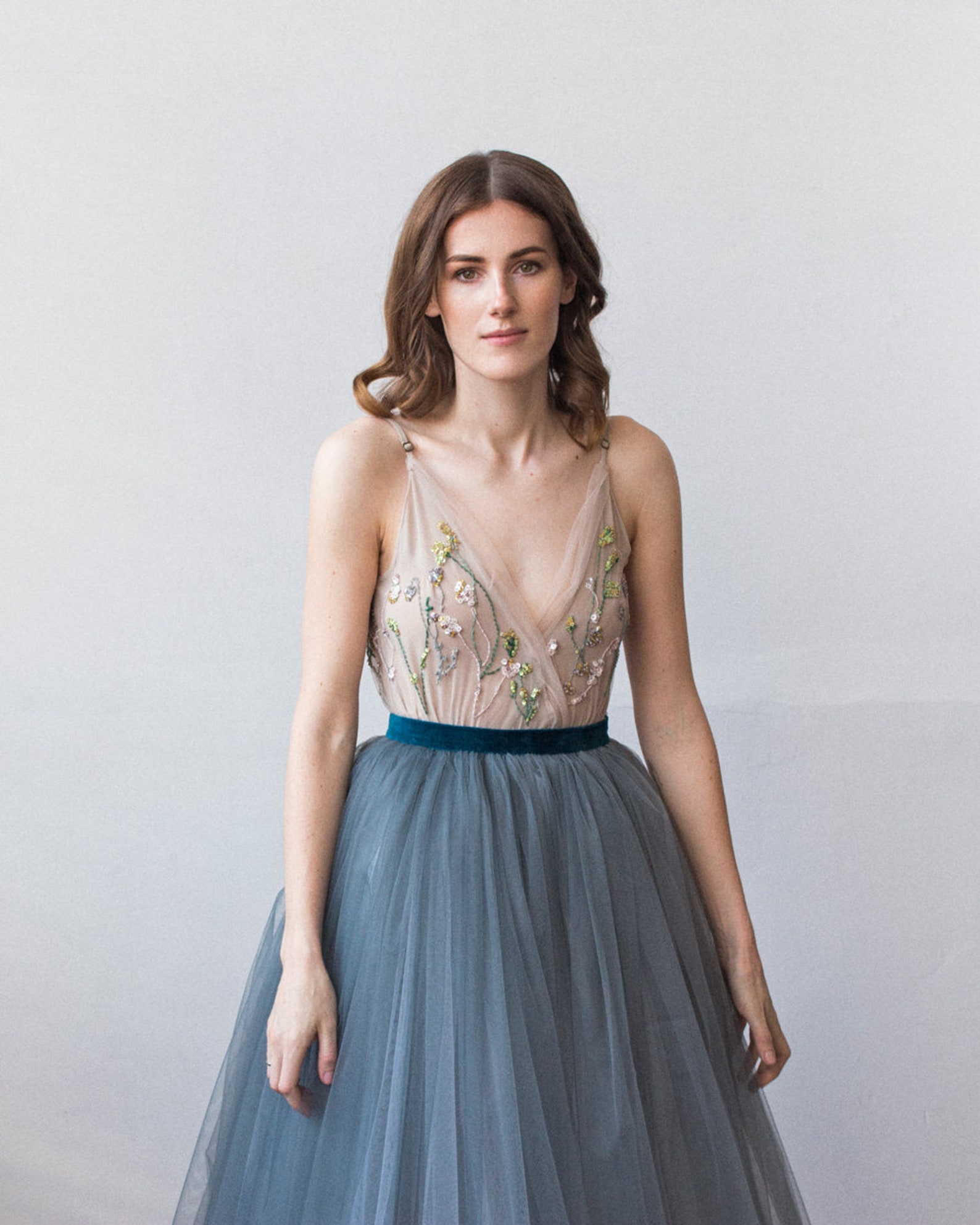 Dark Blue Wedding Dress Tulle Bridal Full Dress Bridal Bow Sash Dress