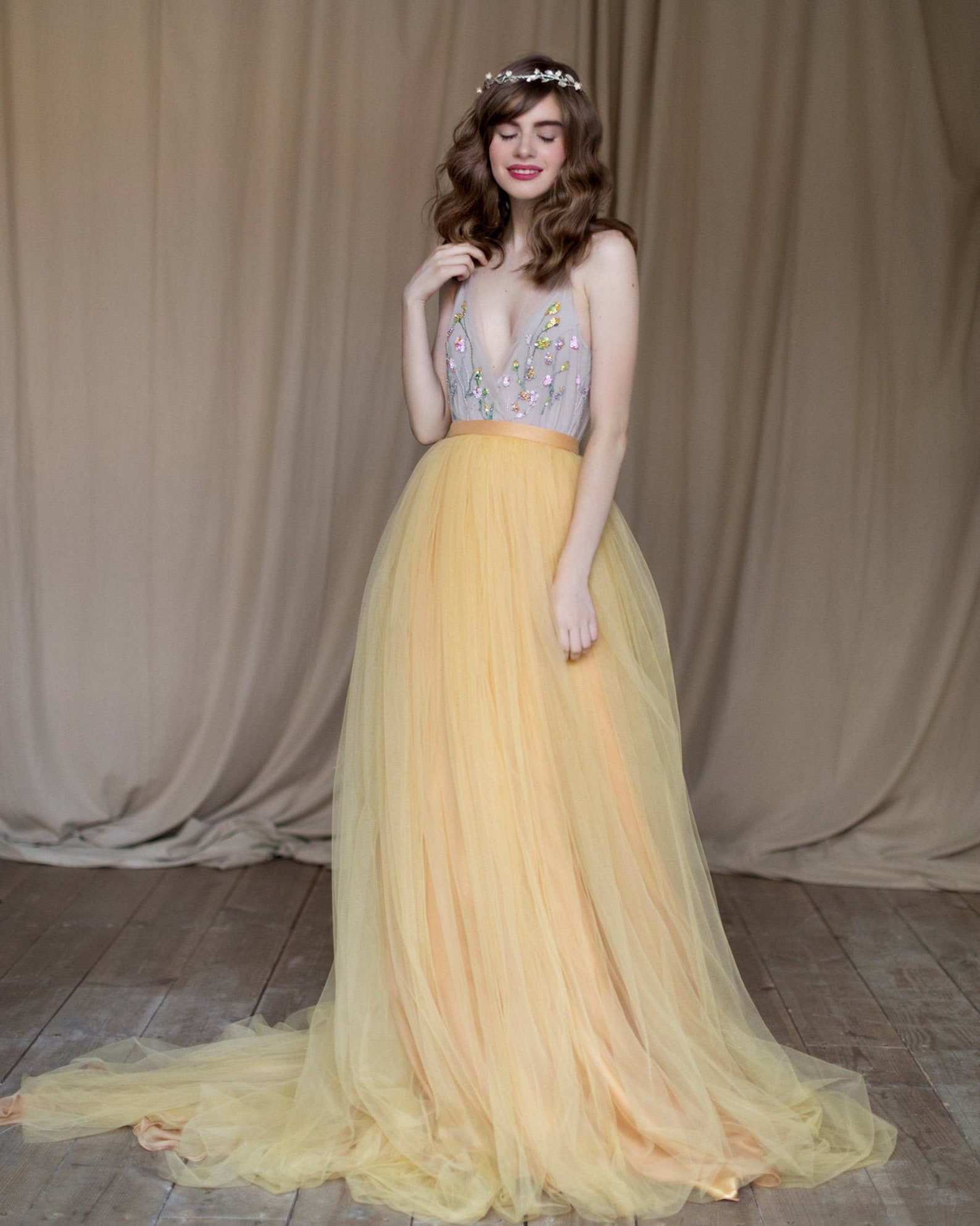 Boho Marigold Bridal Gown / Light Mustard Tulle Wedding Dress Etsy
