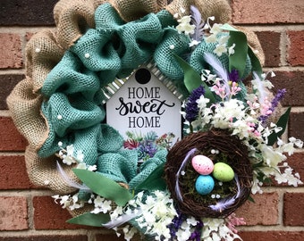 Farmhouse birds nest burlap and floral wreath