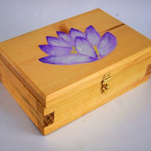 Handmade Wooden Box with a Painted Water Lily on the Hinged Lid