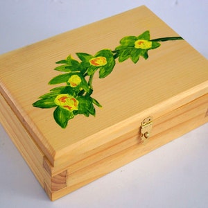 Handmade Wooden Box with Painted Flowers on a Hinged Lid