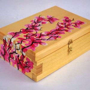 Handmade Wooden Box with Flowers Painted on the Hinged Lid