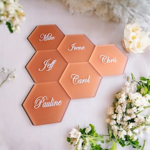 8cm colour acrylic wedding name card, hexagon style, colour acrylic, celebration decoration, guest favours, place setting,