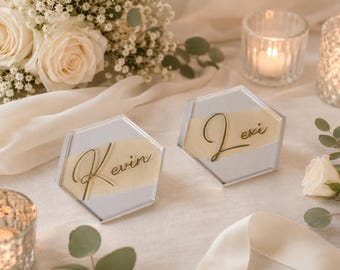 6cm clear acrylic wedding name card, hexagon style, painted design, celebration decoration, guest favours, place setting,
