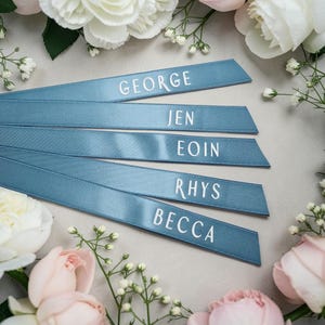 May include: Five dusty blue satin ribbons arranged in a fan pattern, each featuring a white printed name. The names displayed on the ribbons are George, Jen, Eoin, Rhys, and Becca, written in a clean, sans-serif font with a smooth, reflective finish.