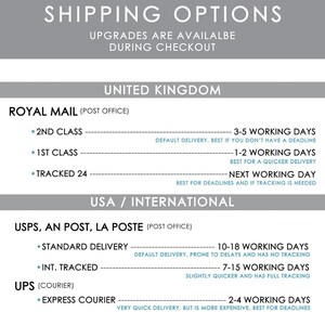 K&ouml;nnte beinhalten: Grafik mit Versandoptionen f&uuml;r Gro&szlig;britannien und USA/International. Die Optionen umfassen Royal Mail, USPS, AN POST, LA POSTE und UPS, mit Angaben zu Lieferzeiten und Service.