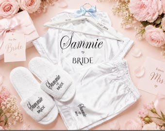 Personalised Bride & Bridesmaid Gift Set – Satin Pyjamas, Wedding Hanger, Spa Slippers