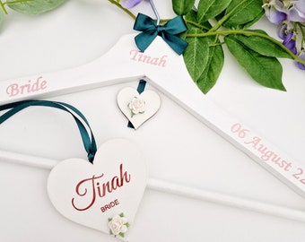 personalised wedding hangers, bridesmaid gifts, custom bridal party gift set, hanger tag,