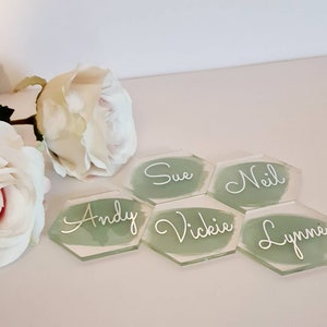 6cm clear acrylic wedding name card, hexagon style, painted design, celebration decoration, guest favours, place setting,