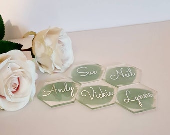 6cm clear acrylic wedding name card, hexagon style, painted design, celebration decoration, guest favours, place setting,