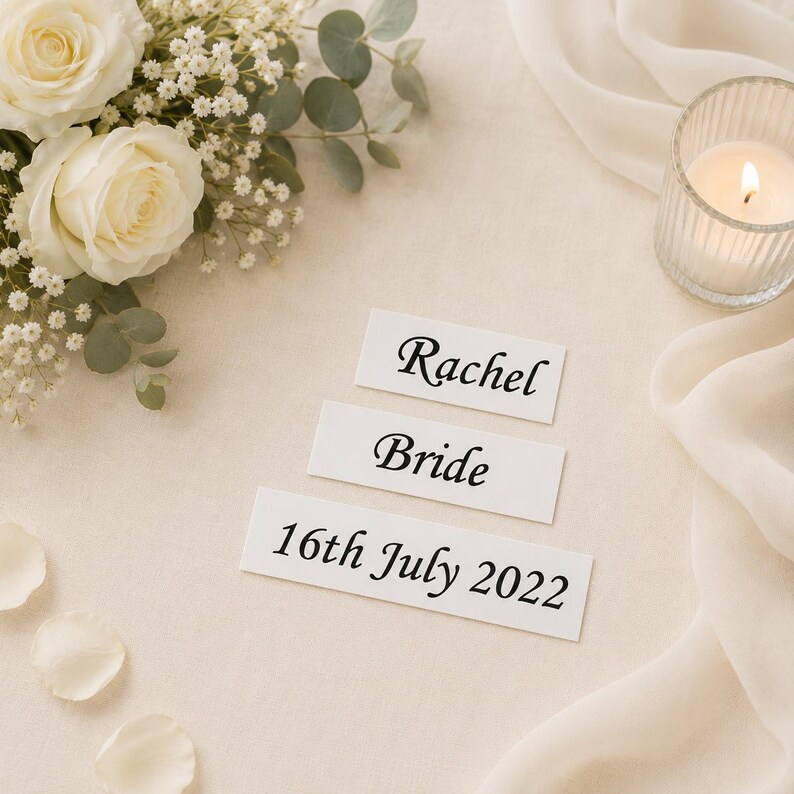 May include: Three rectangular white paper labels with black printed text. The top label reads Rachel, the middle label reads Bride, and the bottom label reads 16th July 2022. The labels are arranged vertically on a light-colored fabric surface.