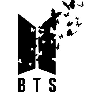 K&ouml;nnte beinhalten: Schwarz-wei&szlig;e Grafik mit den Buchstaben "BTS" und einem stilisierten Logo. Das Logo ist eine schwarze geometrische Form, aus der Schmetterlinge hervorgehen. Die Schmetterlinge sind ebenfalls schwarz und scheinen zu fliegen.