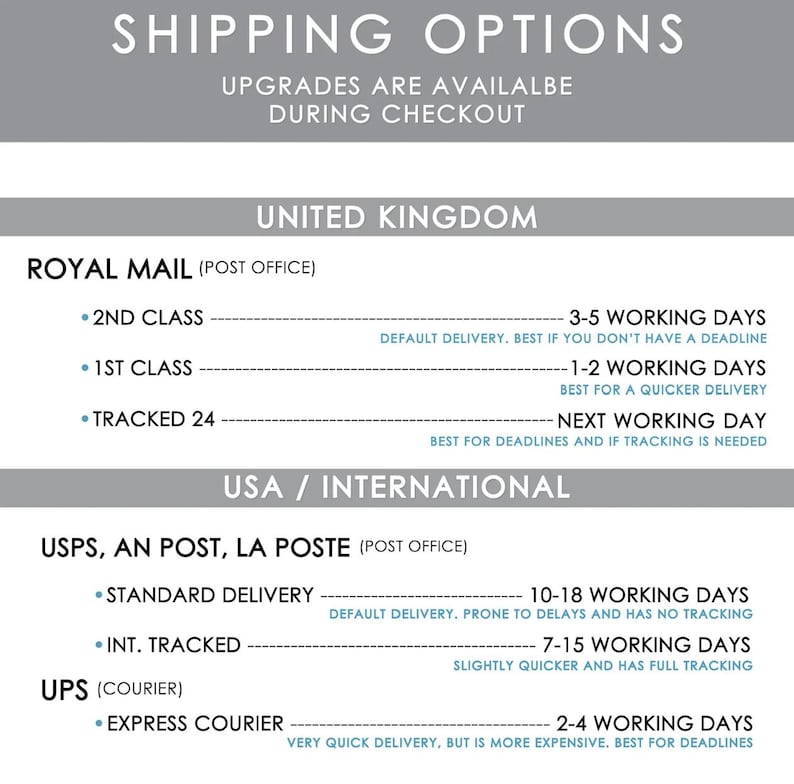 May include: A graphic with the text "SHIPPING OPTIONS" and delivery options for the United Kingdom and USA/International. The UK options are Royal Mail, and the USA options are USPS, AN POST, LA POST and UPS.