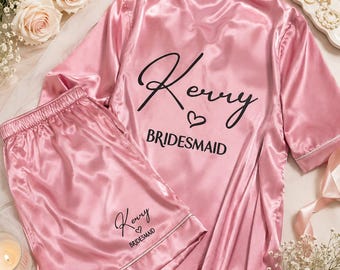 Personalised Junior Bridesmaid, flower girl Gift Set – Satin Pyjamas. Shorts,