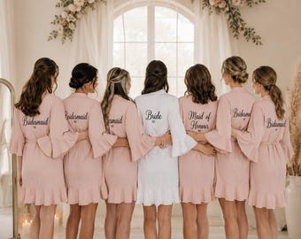 Personalised Satin ruffle Bridal Robes | Bride & Bridesmaid Wedding Morning Robes | Satin Dressing Gown | Hen Party Gift | Bridal Party