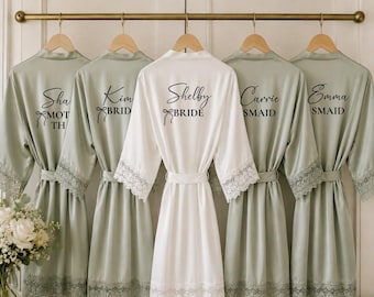 Personalised Satin Lace Bridal Robes | Bride & Bridesmaid Wedding Morning Robes | Satin Dressing Gown | Hen Party Gift | Bridal Party Pyjama