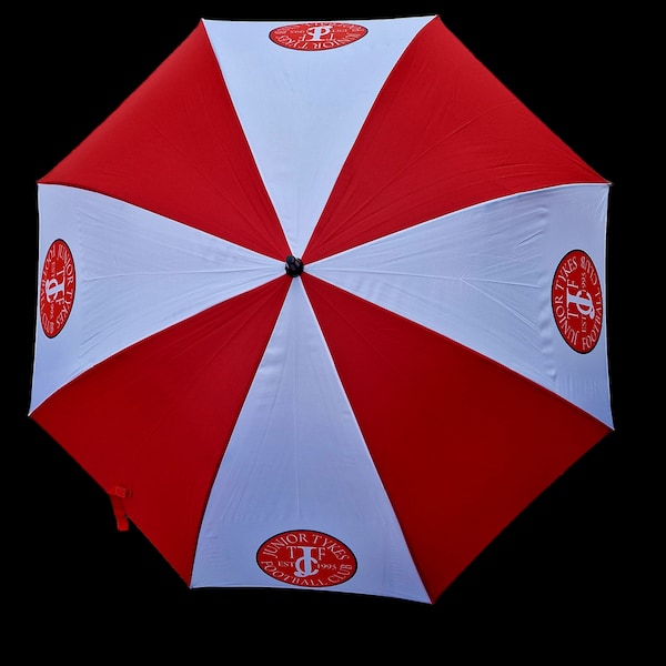 Large golf umbrella with printed panels, add club badge, red, blue, black, green, personalised custom football umbrella