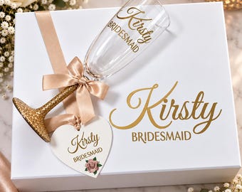 Personalised Bridesmaid Gift Box with Champagne Flute & Heart Tag, Bridesmaid Proposal Gift