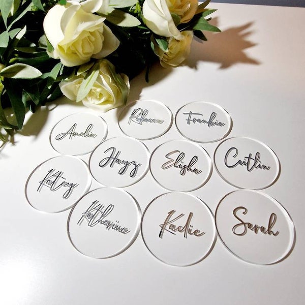 6cm clear acrylic wedding name card, circular style, round place setting, painted design, celebration decoration, guest favours,