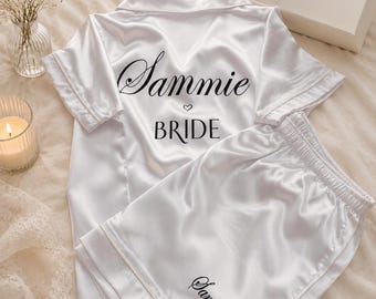 Personalised Bride & Bridesmaid Gift Set – Satin Pyjamas. Shorts, long trousers.