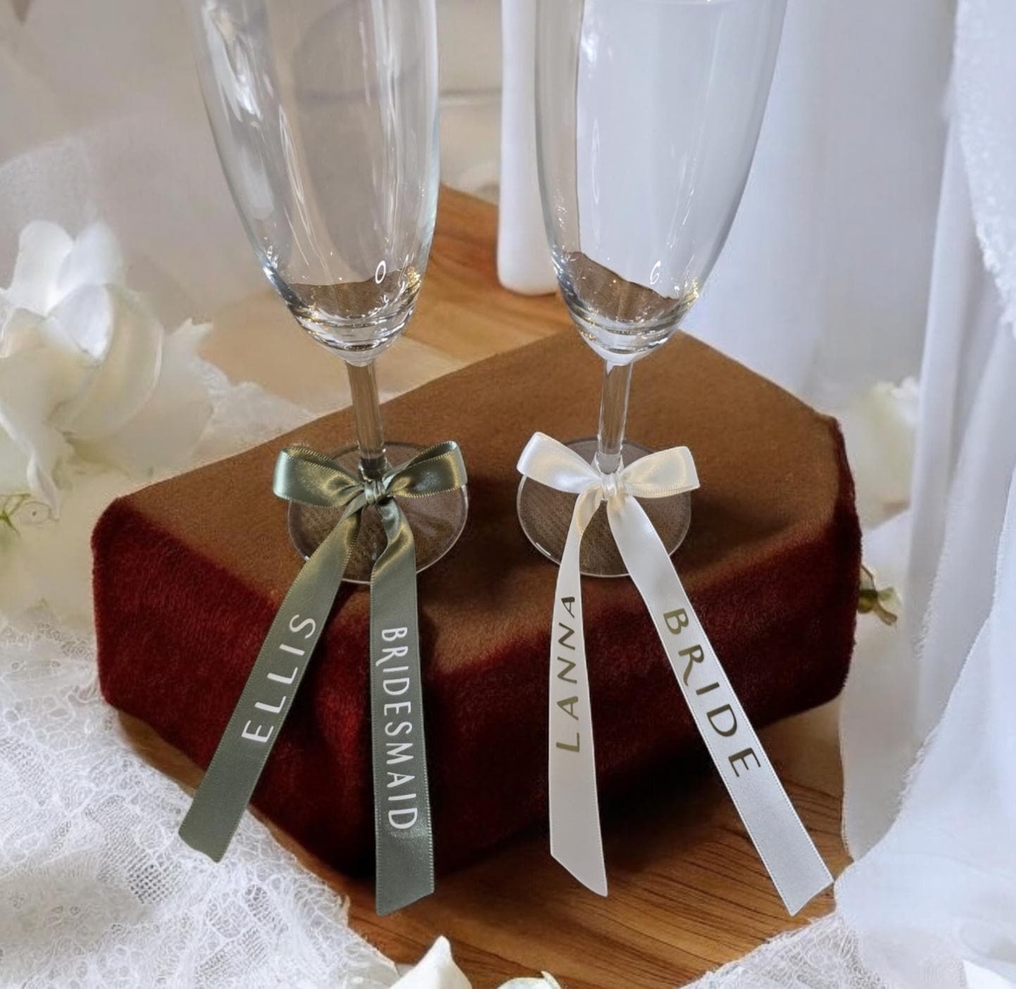 Wedding ribbon, printed names, bridesmaid gift, favours, double sided satin, trend, hangers, champagne flute, bachelorette, hen party