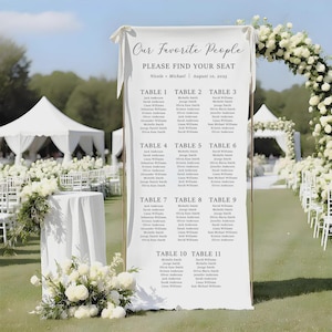 May include: A wedding seating chart with the text "Our Favorite People" and "Please Find Your Seat." The names are listed under table numbers. The sign is white with a cream-colored frame, set outdoors with floral decorations.