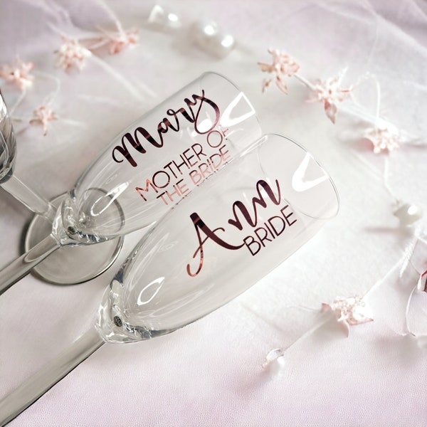 Flûtes à champagne de mariage personnalisées | Lunettes de vue pour la mariée | Or rose | demoiselle d'honneur | Cadeaux de demoiselle d'honneur | EVJF, verre à vin