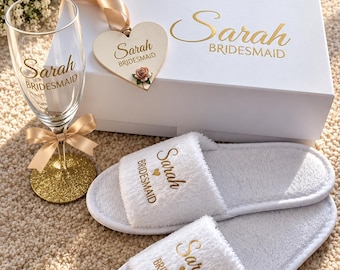 Bridesmaid gift set, gift box, champagne flute, hanger tag, spa slippers