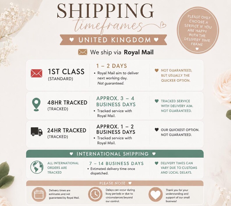 May include: An informational chart titled SHIPPING timeframes for the United Kingdom, detailing Royal Mail delivery options including 1st Class, 48hr Tracked, and 24hr Tracked services, alongside international shipping estimates and notes on delivery variability.