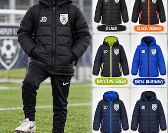 Personalised puffer jacket, custom club badge & initials, junior sports teamwear, hooded winter coat