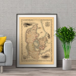 Carte du DANEMARK, 1851. Réimpression d'une carte ancienne. Carte pliée en lin. Décoration murale carte vintage. Ancienne carte unique. Impression d'art. Reproduction d'une carte ancienne.