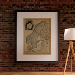 MAPA DA ESCANDINÁVIA (Noruega, Suécia e Dinamarca), 1794. Reimpressão de mapa antigo. Mapa dobrado com suporte de linho. Decoração de parede. Reprodução de mapa antigo.