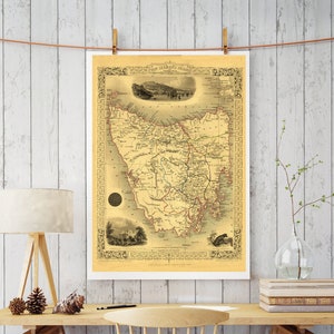 Carte de la TASMANIE, 1851. Carte pliée avec dos en lin. Réimpression de l'ancienne carte
