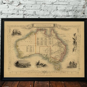 Carte de l'Australie, 1851. Réimpression d'une carte ancienne. Carte pliée en lin. Décoration murale carte vintage. Ancienne carte unique. Impression d'art. Reproduction d'une carte ancienne.