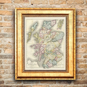 Carte de l'ÉCOSSE, 1847. Réimpression d'une carte ancienne. Carte pliée en lin. Décoration murale carte vintage. Ancienne carte unique. Impression d'art. Reproduction d'une carte ancienne.